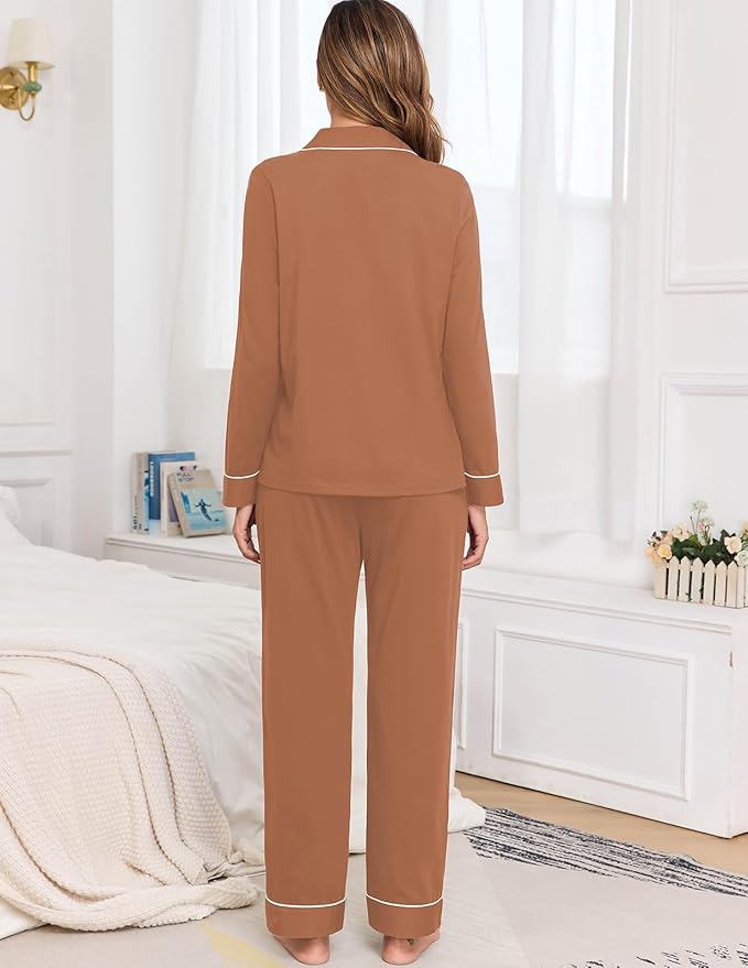 Veseacky 100% Cotton Pajamas for Women Set Long Sleeve Button Down Sleepwear Soft Pjs Lounge Sets with Pockets S-XXL