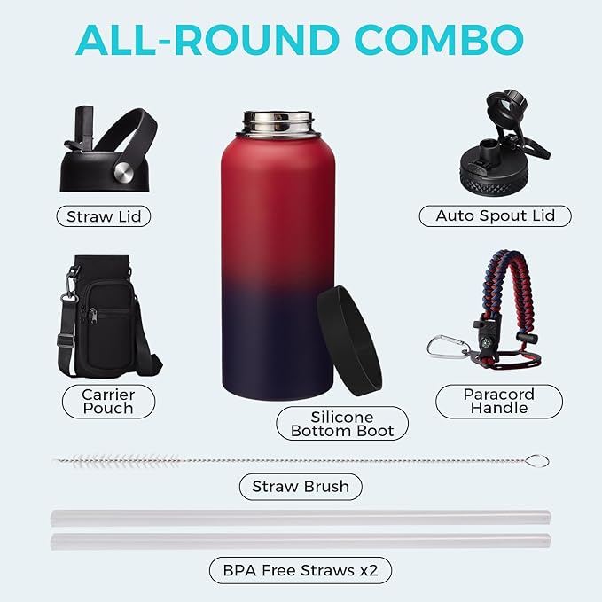 Insulated Water Bottle 32 oz - Straw & Chug Lid, Paracord Handle, Metal Water Bottles Holder with Strap, Water Bottle Boot, Triple Wall Vacuum Flask Thermo Flask with Straw Keep Cold 48H Hot 24H