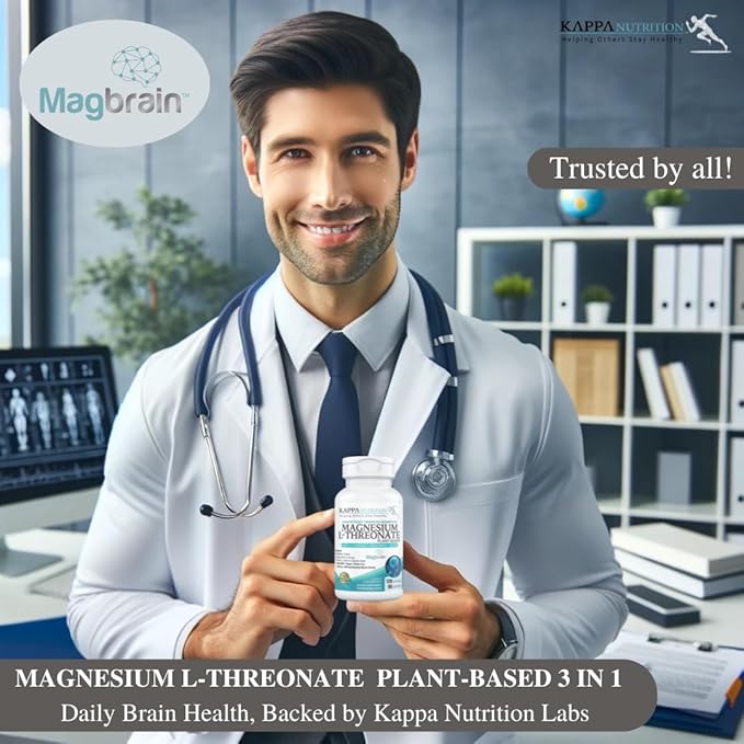 Kappa Nutrition Powered by Magbrain™ Magnesium L-Threonate Plant-Based, 420mg Elemental Magnesium (3 Capsules) from 2,253mg, 120 Vegan Capsules, Brain, Sleep & Muscle Support.