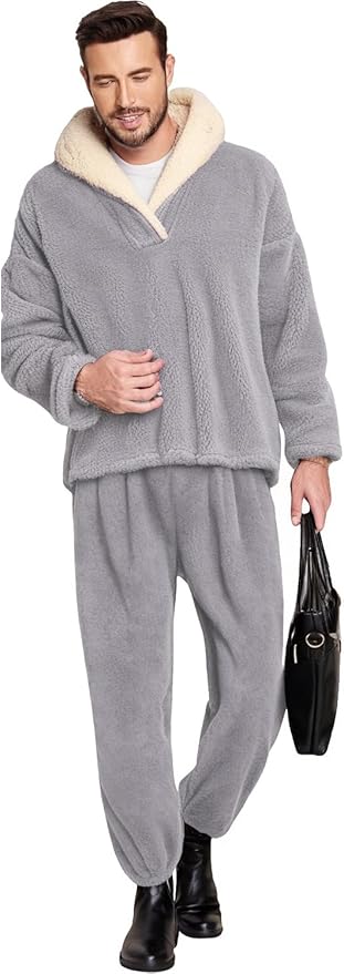 Peaceglad Mens Fluffy Coral Fleece Pajamas Set Pullover Pants Loose Plush Warm Loungewear Sleepwear