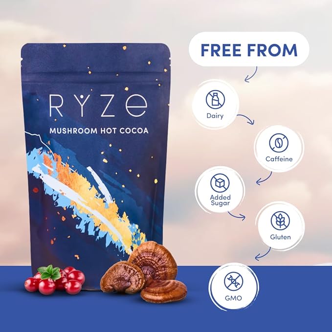 RYZE SUPERFOODS Mushroom Hot Cocoa Melatonin Sleep Supplement, Keto Cocoa Powder with Reishi Mushroom, Melatonin, Glycine, Cacao, L-Theanine, Chicory to Help Fall Asleep and Stay Asleep, 20 Servings