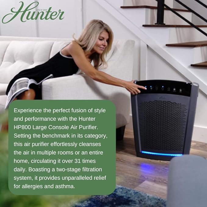 Hunter HP800 Air Purifiers for Home Large Room and Bedroom. True HEPA Air Purifier for Pets, Odors, Allergens, Smoke, Dust, VOC's. 4 Fan Speeds, Quiet Sleep Mode. Cleans 2585 Ft² per Hour. Graphite