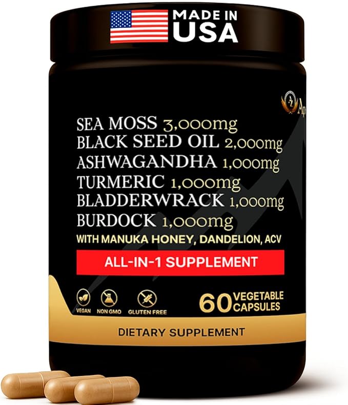 Sea Moss Capsules - Health Supplements - True Seamoss Black Seed Oil Ashwagandha Burdock Root, Tumeric Supplement with Manuka Honey, Dandelion Root ACV - 60 Capsules