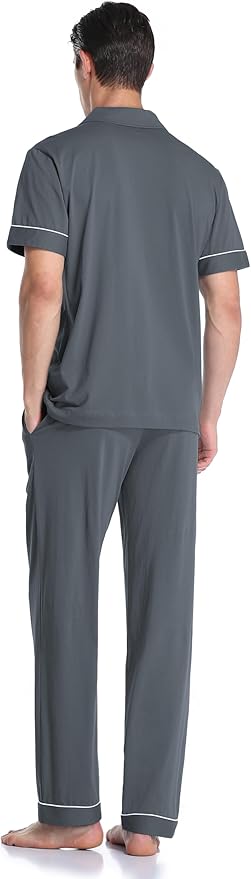 COLORFULLEAF Men's 100% Cotton Pajamas Set Button Down Sleepwear Short Sleeve and Long Pants Pjs