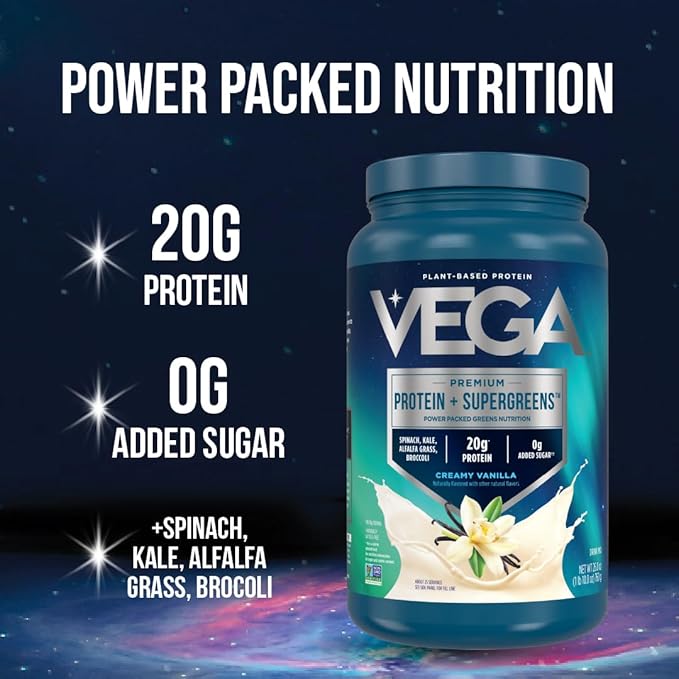 Vega Premium Protein + Supergreens - 20g Protein, Creamy Vanilla, 25 Servings, Spinach,Kale, Alfalfa Grass, Broccoli, 0g Added Sugar, Non-GMO, Gluten Free, Dairy Free, 1.68 lbs (Packaging May Vary)