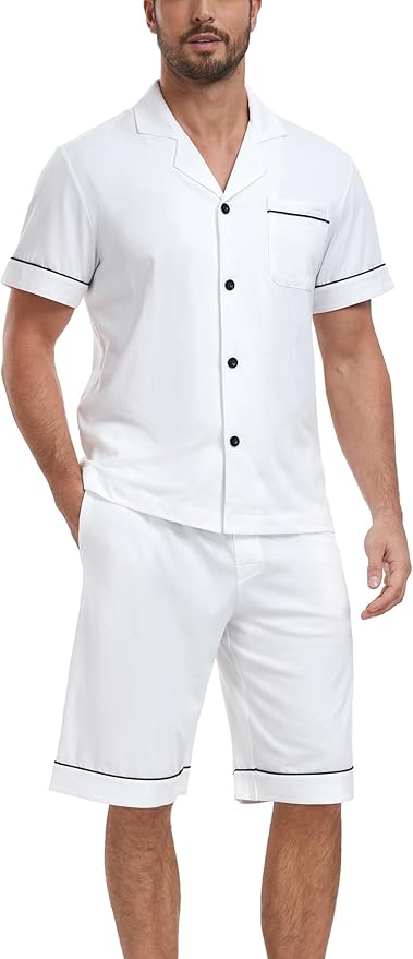 COLORFULLEAF Men's 100% Cotton Short Sleeve Pajama Sets Button Down Notched Collar Sleepwear Soft Lounge Pjs with Pockets