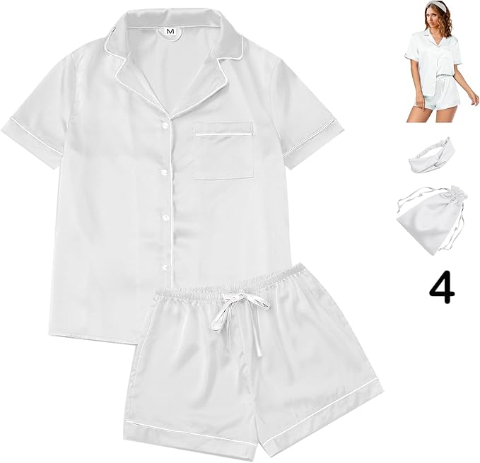 4Pcs Womens Satin Silky Pajama Sets Short Sleeve Shirt XS-4XL Floral Pajamas Set Soft PJ Loungewear Sleepwear