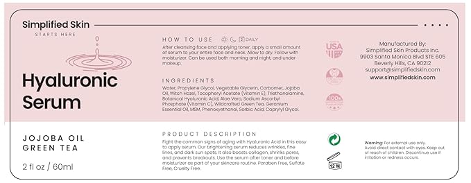 Simplified Skin Hyaluronic Acid Face Serum – Hydrating, Plumping & Youthful Skin - Anti-Aging Formula with Vitamin C, Jojoba Oil & Green Tea – 2 Fl Oz