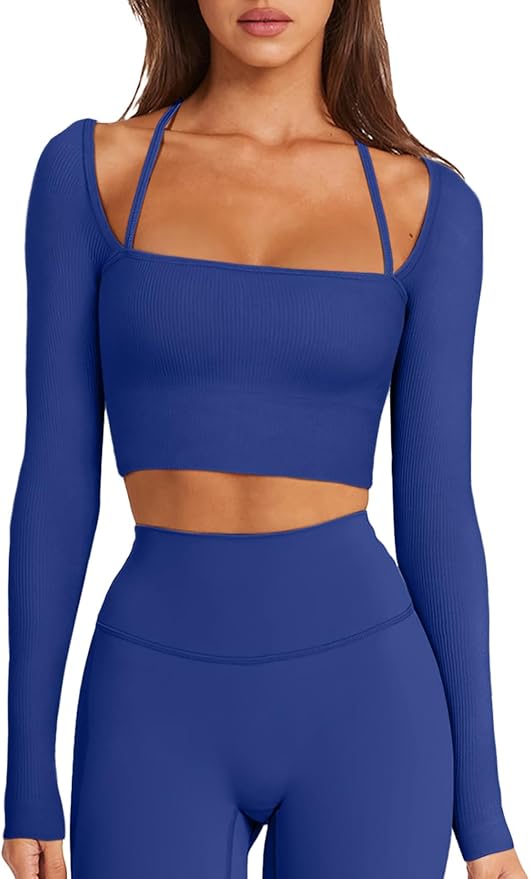 LASLULU Womens Sexy Square Neck Crop Top Ribbed Seamless Long Sleeve Workout Tops Halter Neck Athletic Yoga