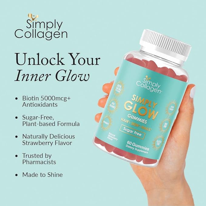 Simply Collagen® Simply Glow Hair, Skin & Nails Gummies – Vegan, Sugar-Free, Gluten-Free – Biotin 5000 mcg – Hair Gummies for Women & Men – 60 Count