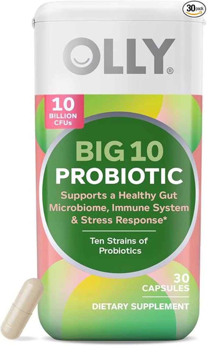 OLLY Big 10 Probiotic, Supports a Healthy Gut Microbiome,* 10 Billion CFUs, 30 Day Supply - 30 Count
