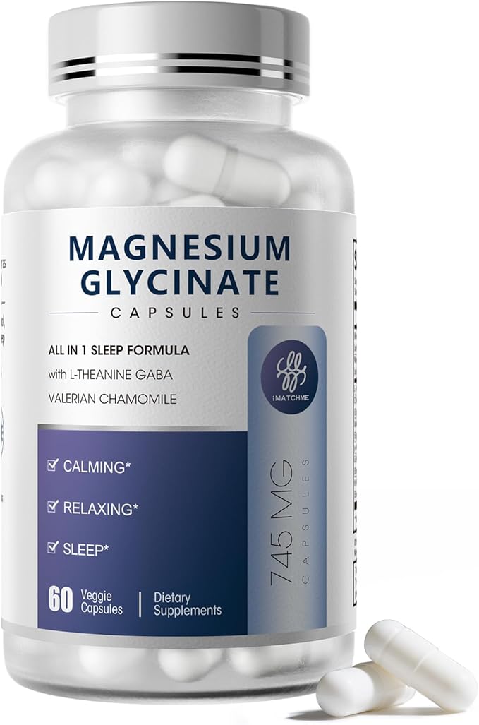 Magnesium Glycinate 850mg Capsules with L-Theanine, Chamomile & GABA for Sleep, Calmness, Muscle, Bone Health & Immune Support, Magnesium for Women and Men, Vegan, High-Absorption, 60 Count