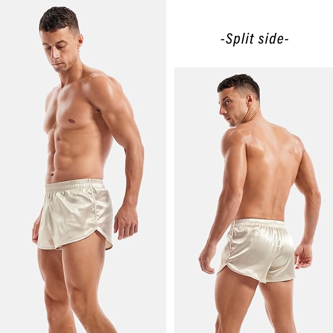 AMY COULEE Mens Satin Shorts Silk Boxers Sexy Split Side Lounge Shorts 3 Inch Pajama bottoms