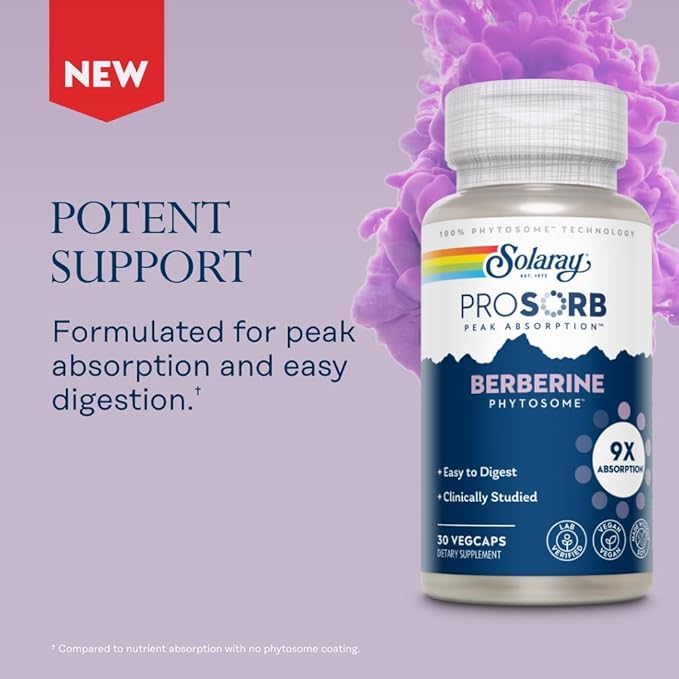 SOLARAY Berberine Phytosome - 9X Absorption and Easy-to-Digest - Standardized to 30% Berberine HCl - Vegan, Made Without Soy - 60-Day Guarantee - 30 Servings, 30 VegCaps