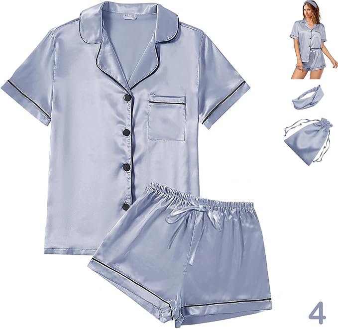 4Pcs Womens Satin Silky Pajama Sets Short Sleeve Shirt XS-4XL Floral Pajamas Set Soft PJ Loungewear Sleepwear