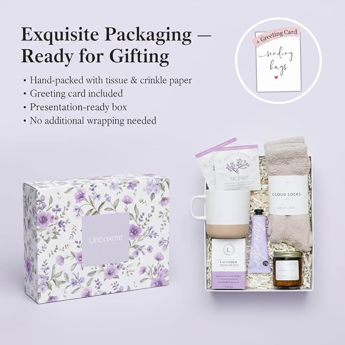 Unboxme Spa Gift Basket for Women - Lavender Self Care Gifts with Candle & Bath Bombs - Relaxation Care Package for Birthday, Get Well Soon, Christmas, Valentine's Day