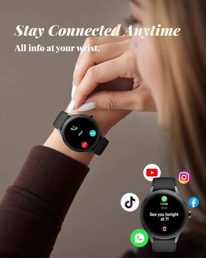 TOOBUR Smart Watch for Women, Smartwatch Compatible Android and iOS Phone, Answer/Make Calls, Fitness Tracker/Step Counter/Running Watch, Sleep/Heart Rate Monitor, 100 Sports, IP68 Waterproof, Black