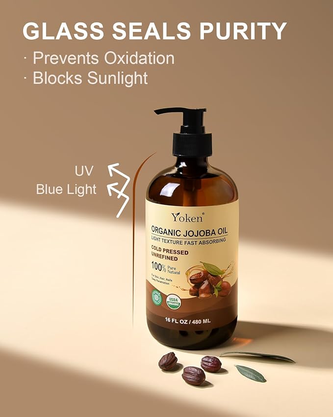 Yoken Organic Jojoba Oil Glass Bottle 16 fl oz, USDA Certified 100 Pure & Natural Jojoba Oil for Hair, Skin & Face, Cold Pressed Unrefined Hexane Free, Deeply Moisturizing Body Serum for Gua Sha