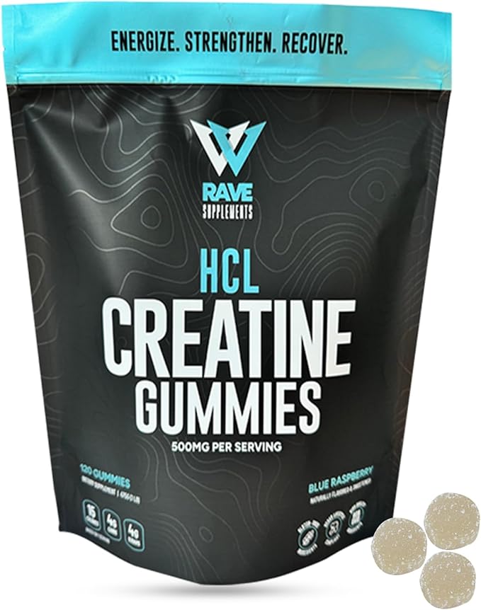 Rave Supplements Creatine HCl Gummies โ 500mg Per Serving โ All Natural, Organic Ingredients, Blue Raspberry Flavor โ Made in USA