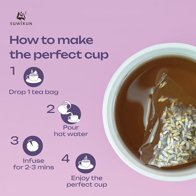 Suwirun Organic Lavender Tea 25 Bags โ 100% Lavender Flowers โ Aromatic & Calming, Caffeine-Free โ Supports Stress Relief, Relaxation & Better Sleep