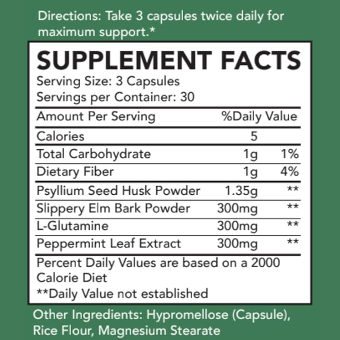 Digestive Support Supplement – Psyllium Husk, Slippery Elm, Peppermint Extract & L-Glutamine – Gut Health, Bloating & Constipation Support, Intestinal Lining & Bowel Function