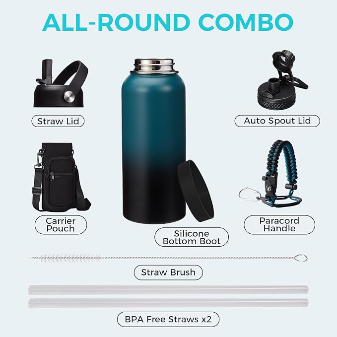 32oz/40oz/64oz Insulated Water Bottles - with Straw & Flip Auto Lid, Stainless Steel Water Bottle Shoulder Carrier Bag, Silicone Boot, BPA-Free Metal Water Bottle with Handle Paracord