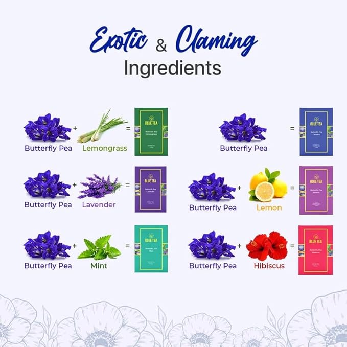 BLUE TEA - Butterfly Pea Flower Tea Gift Set (6 Flavors, 30 Count - Plant Based) | FLORAL FLAVOR | Caffeine Free - Non-Bitter - Herbal Tea - Variety pack - Flower Based | Gifts for Him and Her