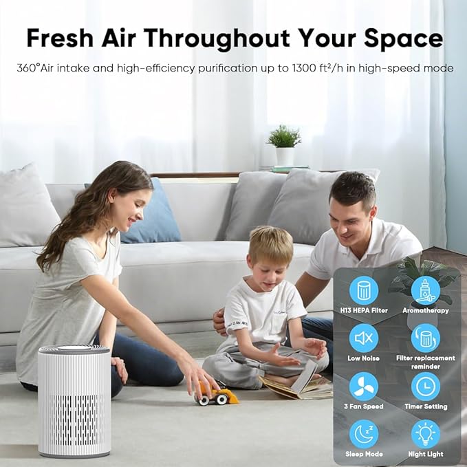 DAYETTE Air Purifier for Home Large Room up to 1300 sq ft, H13 Air Purifiers for Bedroom Pets with Fragrance Sponge, Remove 99.97% Smoke/Pet Dander/Pollen, Quiet 20dB Sleep Mode