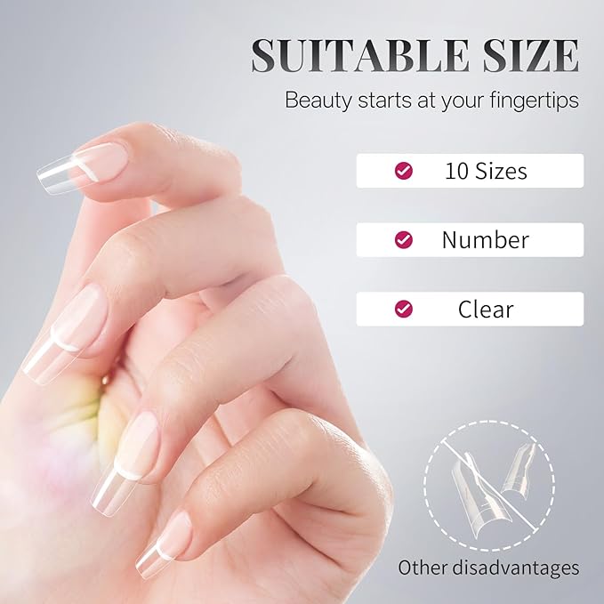 krofaue Nail Tips Lady French Style Acrylic Artificial Half Cover False Nail Tips with Box Ideal for Salons and Home DIY Manicure,10 Sizes,1000PCS (Natural and Clear)