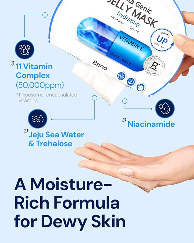 Vita Genic Jelly Face Hydrating Mask 10EA – Firming Sheet Mask for Sensitive Skin, Korean Glass Skin Care with Mineral Water, Vitamin C & Niacinamide, Fragrance-Free