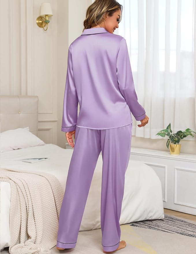 Veseacky Womens Satin Pajama Set Silk Pjs Button Down Long Sleeve Sleepwear Loungewear Sleepwear 2 Piece Pjs Set S-XXL