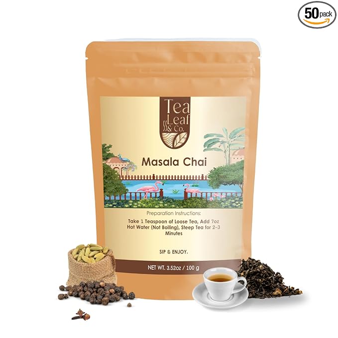 Tealeaf & Co. Masala Chai - Loose Leaf Black Tea Blended with Organic Spices (Ginger, Cardamom, Black Pepper & Cloves Whole Organic) - Low Caffeine (3.52oz/100gm)