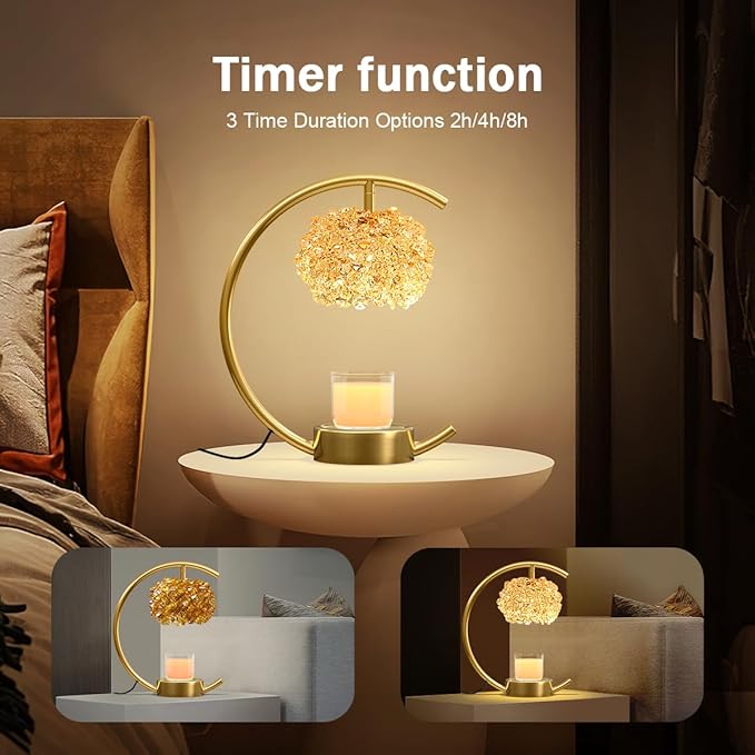 Bronze Candle Warmer Lamp for Jar Candles with Adjustable Brightness&Timer,Handcrafted Crystal&Wooden Base,Candle Lamp Luxurious Design+2Bulbs,Home Decoration Electric Candle lamp(C-Shaped)