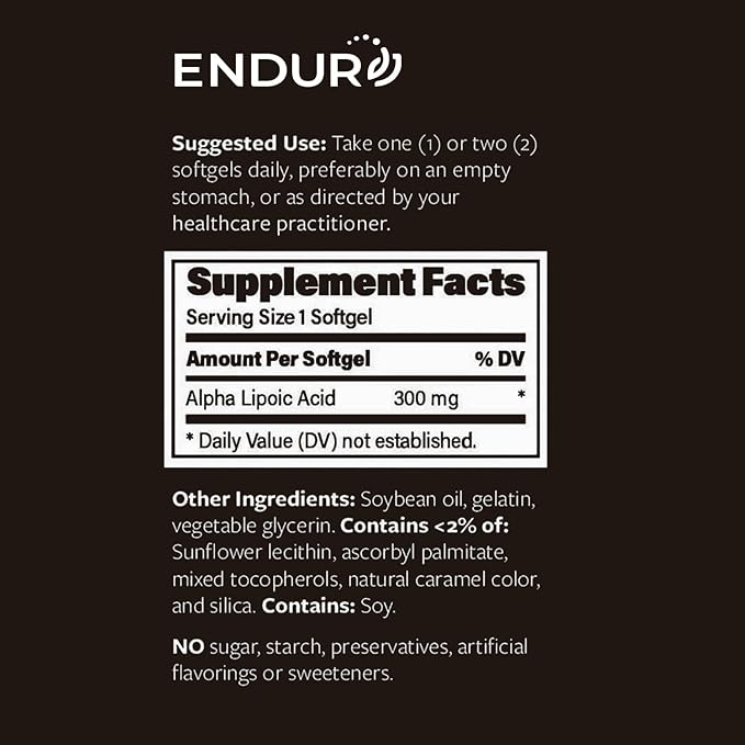 Endur Alpha Lipoic Acid, Antioxidant Defense & Cellular Energy Support, Immediate Release, Vegan, Gluten Free, 300mg (150 Softgels)