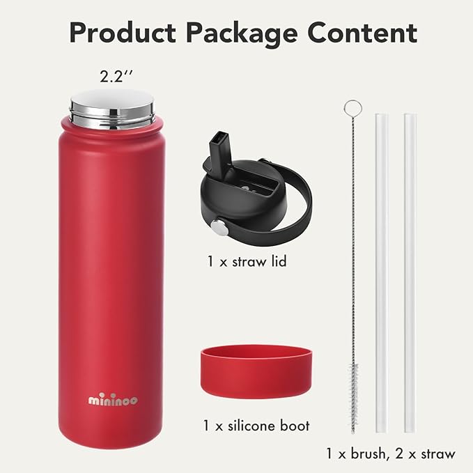Insulated Stainless Steel Water Bottle with Straw, Ceramic-Lined, BPA-Free & Leak-Proof, 24 oz, Red