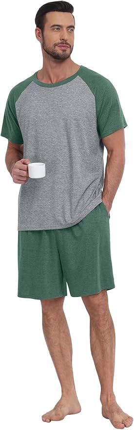 Mens Pajama Set Summer Pjs Sleepwear Lightweight Short Sleeve Pjs Soft Comfy Sleep Set With Pocket