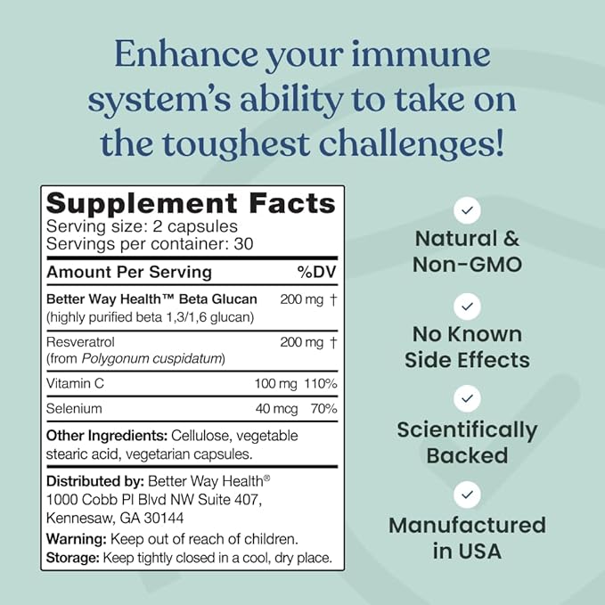 Better Way Health Advanced Immune Readiness – 1,3/1,6 Beta Glucan with Vitamin C, Selenium & Resveratrol – Immune Support Supplement for NK Cells & Phagocytosis – 60 Capsules