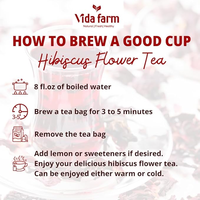 VIDA FARM 100 Hibiscus Tea Bags, 100% Natural Dried Hibiscus Flowers Tea Bags, No Sugar, No Caffeine, No Gluten