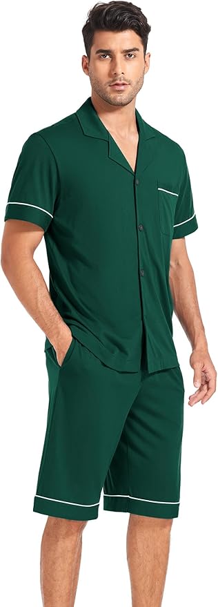 COLORFULLEAF Men's 100% Cotton Short Sleeve Pajama Sets Button Down Notched Collar Sleepwear Soft Lounge Pjs with Pockets