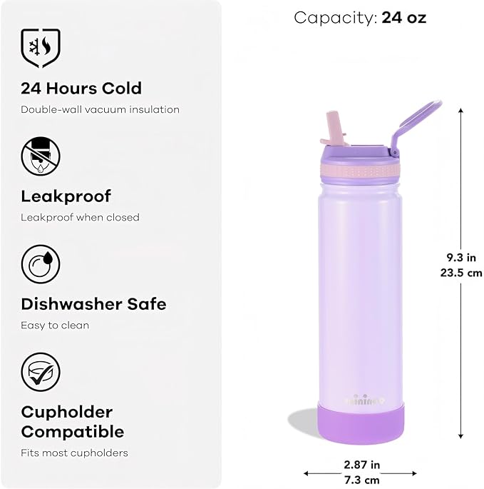 Insulated Stainless Steel Water Bottle with Straw, Ceramic-Lined, BPA-Free & Leak-Proof, 24 oz, Sparkling Lavender