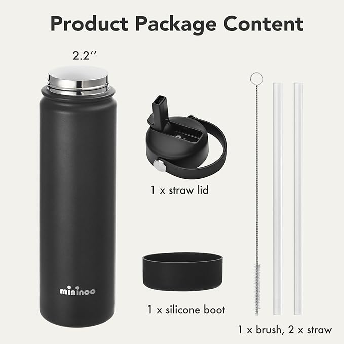 Insulated Stainless Steel Water Bottle with Straw, Ceramic-Lined, BPA-Free & Leak-Proof, 24 oz, Black