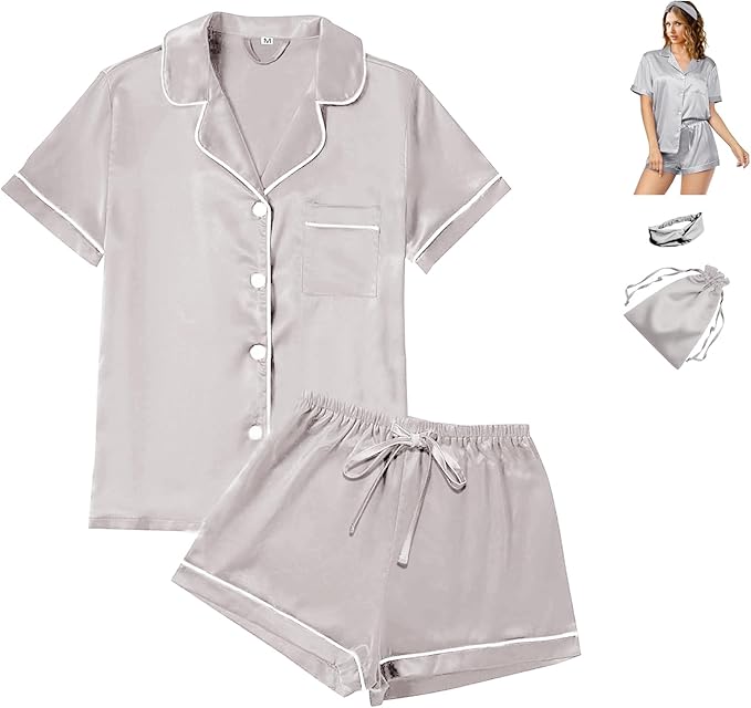 4Pcs Womens Satin Silky Pajama Sets Short Sleeve Shirt XS-4XL Floral Pajamas Set Soft PJ Loungewear Sleepwear