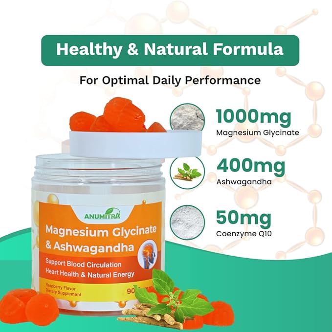 ANUMITRA Magnesium Glycinate 400mg and Ashwagandha Gummies for Men & Women-90 Count- Sugar Free Chews for Stress Relief gumies, Night Rest Promotes Relaxation & Well-Being Raspberry Flavor