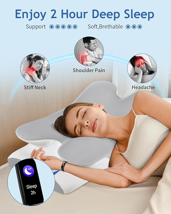 Cervical Neck Pillow for Neck Shoulder Pain Relief, Soft Contour Side Sleeper Pillow of 2 Heights, Odorless Q-max Cooling Memory Foam Orthopedic Bed Pillow for Back Stomach Sleeper