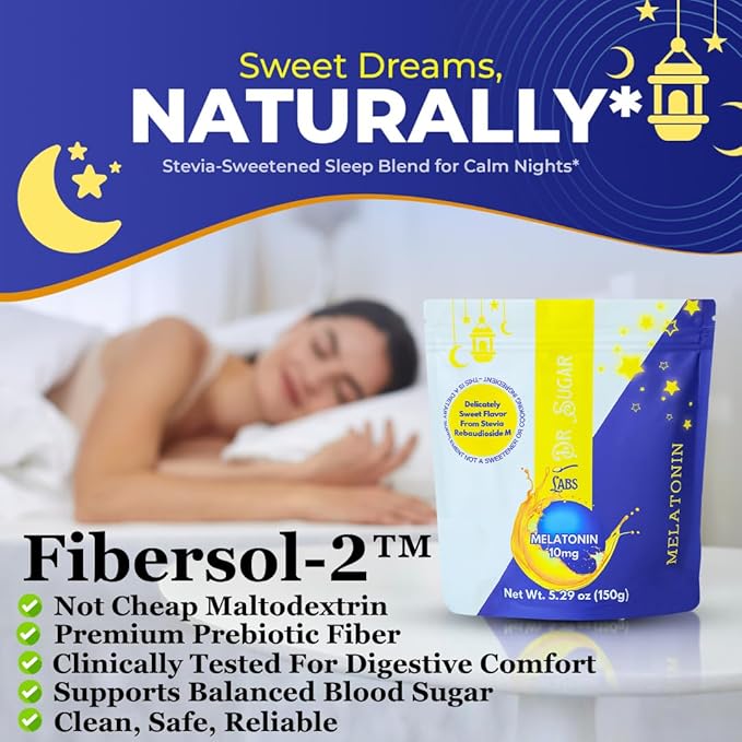 Dr Sugar Labs โ Sleep Aid Melatonin Powder Made in USA | Enjoy in Warm Milk or Herbal Tea | 10mg Melatonin Sleep Supplement | 0 Sugar, Stevia-Sweetened with L-Theanine, GABA & Fiber | 30 Servings
