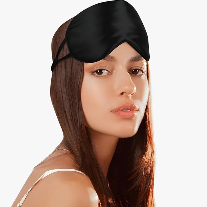 Adjustable Silk Sleeping Mask for Travel/Plane/Side Sleeper Pure Mulberry Silk Eye Mask for Sleep/Men/Women/Adults Thin Cooling Eye Cover,Black