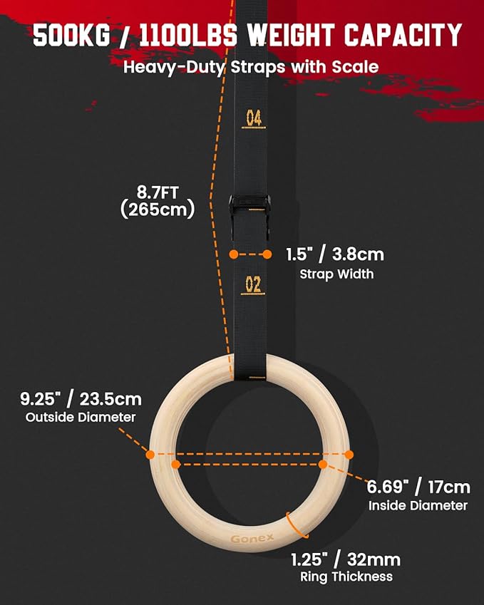 Gonex Wooden Gymnastic Rings with Adjustable Number Straps, Olympic Rings for Gym, Workout, Exercise, Outdoor Training, Quick Install Carabiner, 8.5 ft Straps Pull Up Non-Slip Rings