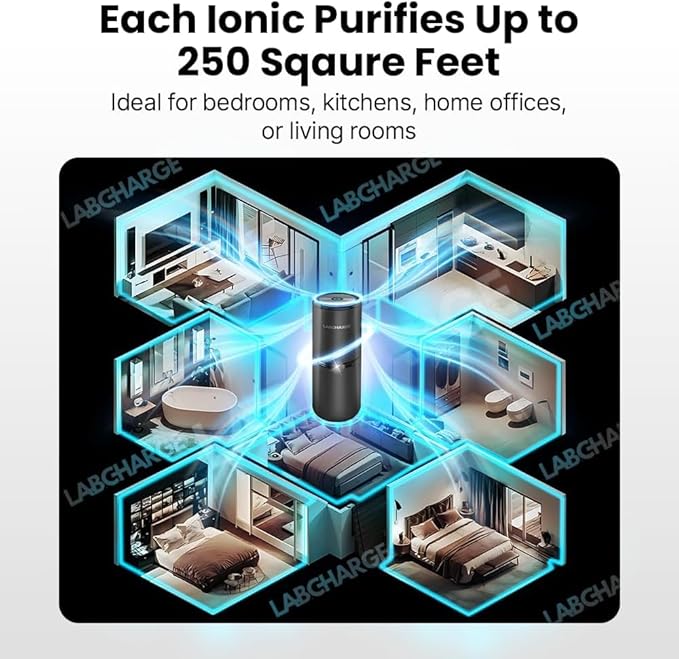 Lab Charge Small Ionic Air Purifier for Home & Bedroom – Silent HEPA Filter – Covers 250 Sq Ft - Free Cleaner for Pets, Hair, Smoke, Dust, Odors & Dander – Compact & Black Design - Pack of 4