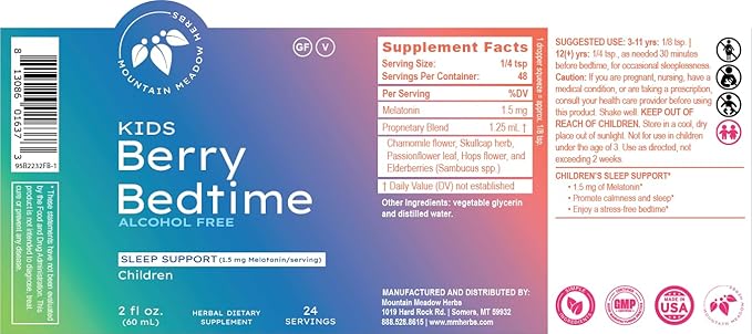 Mountain Meadow Herbs Berry Bedtime – Kids Sleep Support Drops with Melatonin, Chamomile, Lemon Balm & Passionflower - Natural Sleep Aid for Children – 2 oz