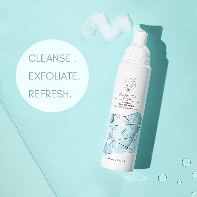Snow Fox Skin Care Cooling Foam Cleanser - SLS- Free Face Wash with Organic Aloe Vera & Peppermint Water - Gentle< Non _ Drying Formula for Oily, Combination & Sensitive Skin - 5oZ